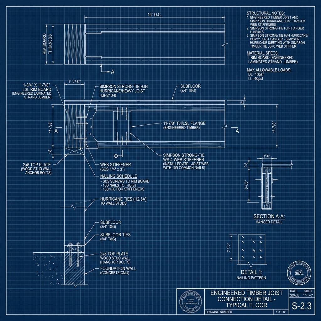 Engineered Floor Joist & Rim Board Hurricane Hangers Blueprint Schematic | Six Senses Builders