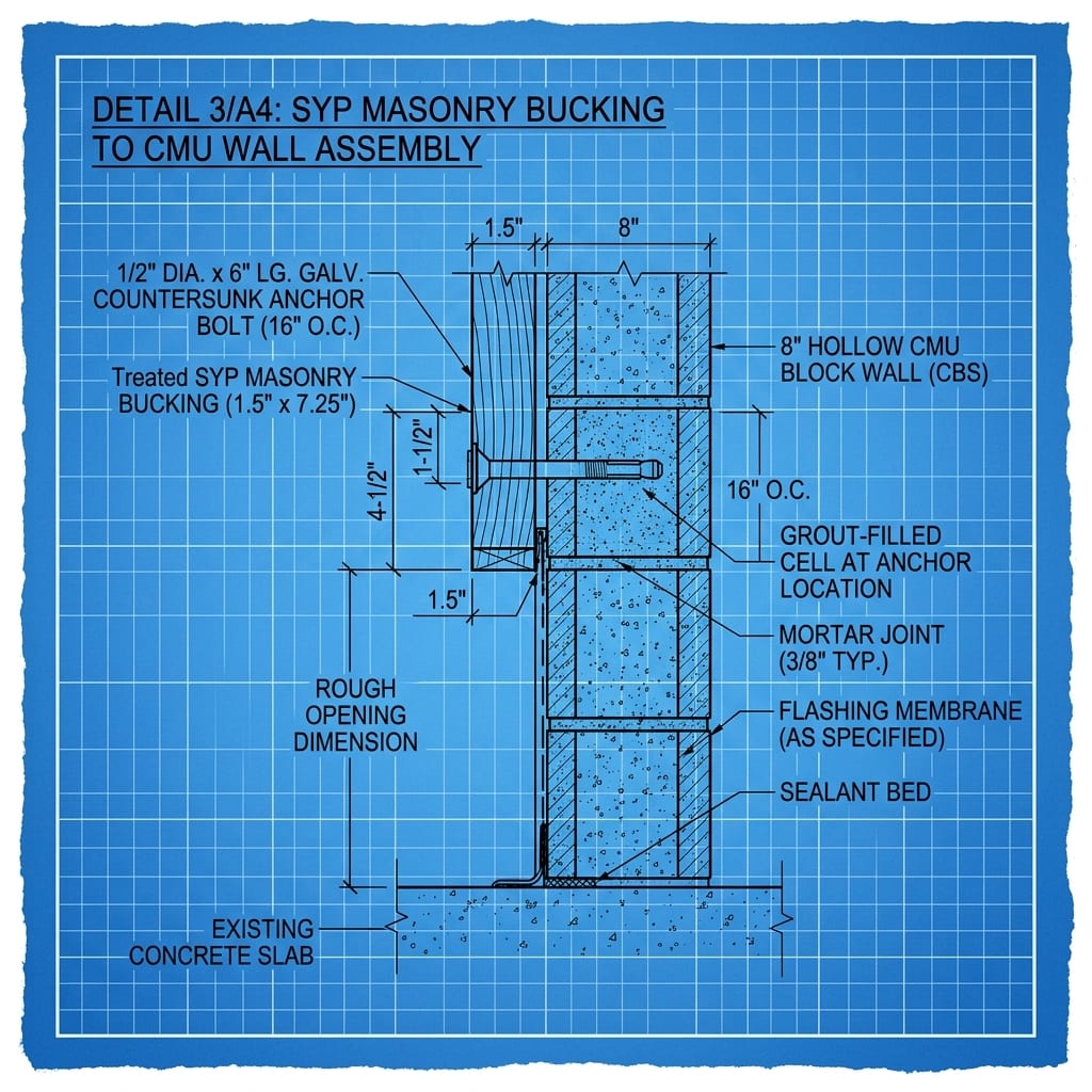 Treated Southern Yellow Pine Masonry Bucking on CBS Block Blueprint Schematic | Six Senses Builders