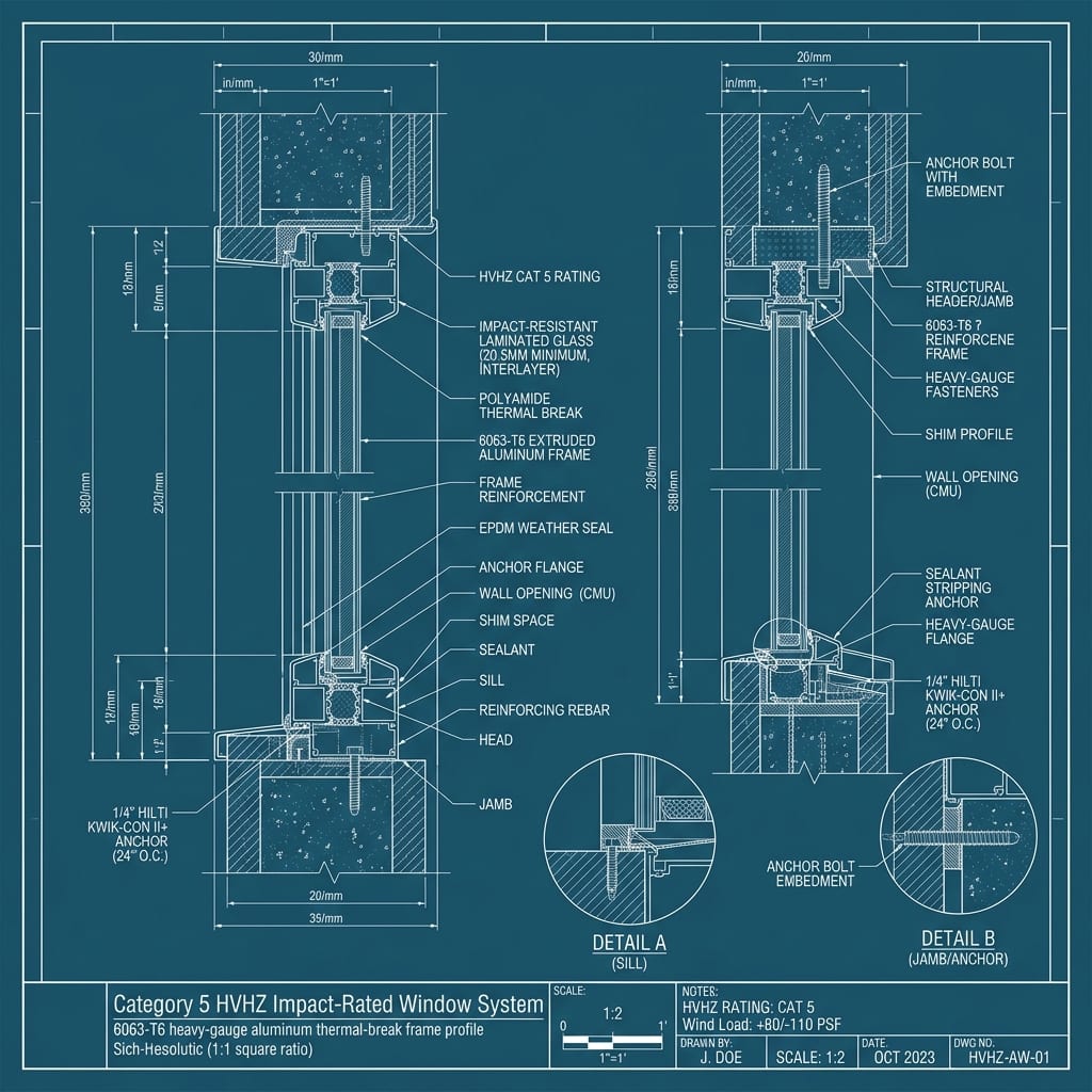 6063-T6 Heavy-Gauge Thermal-Break Aluminum Profile Blueprint Schematic | Six Senses Builders
