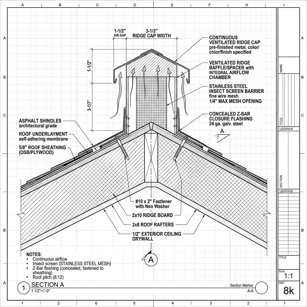 Continuous Ventilated Ridge Cap with Stainless Insect Screen Blueprint Schematic | Six Senses Builders