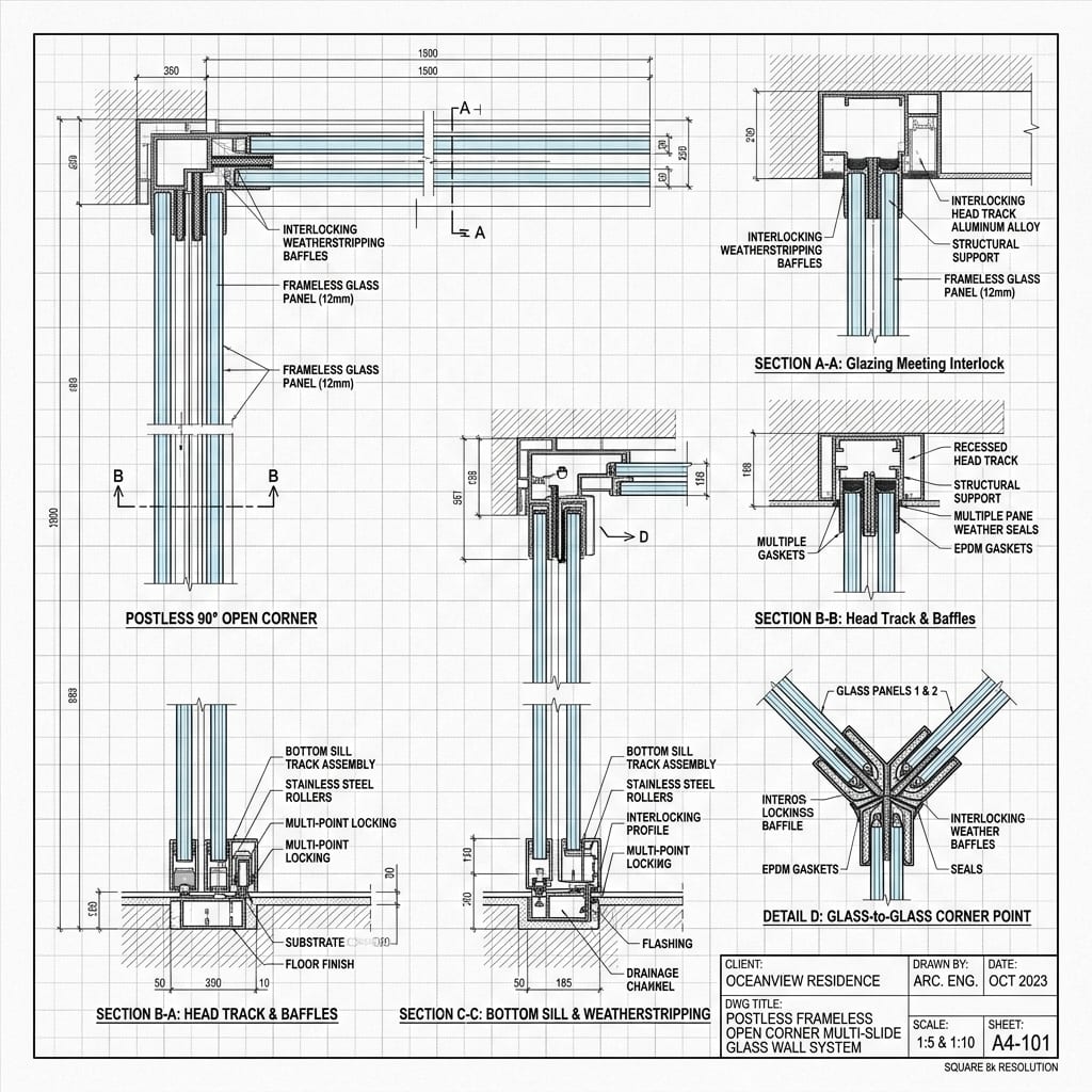 90-Degree Postless Frameless Open Corner Intersection Blueprint Schematic | Six Senses Builders